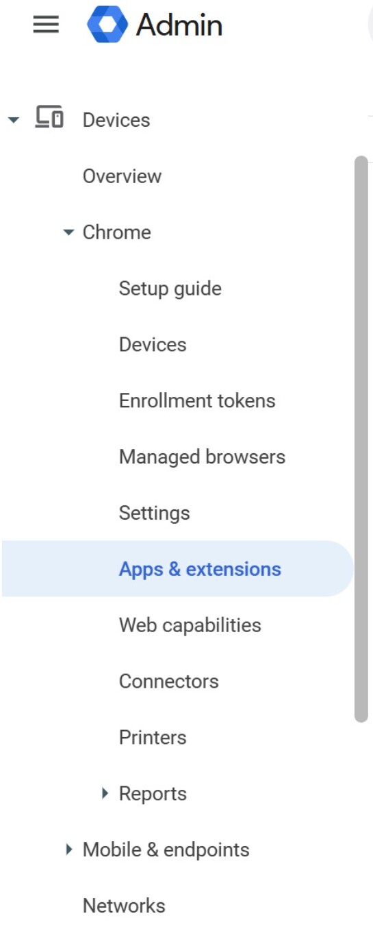 Admin console navigation showing Devices and Chrome sections