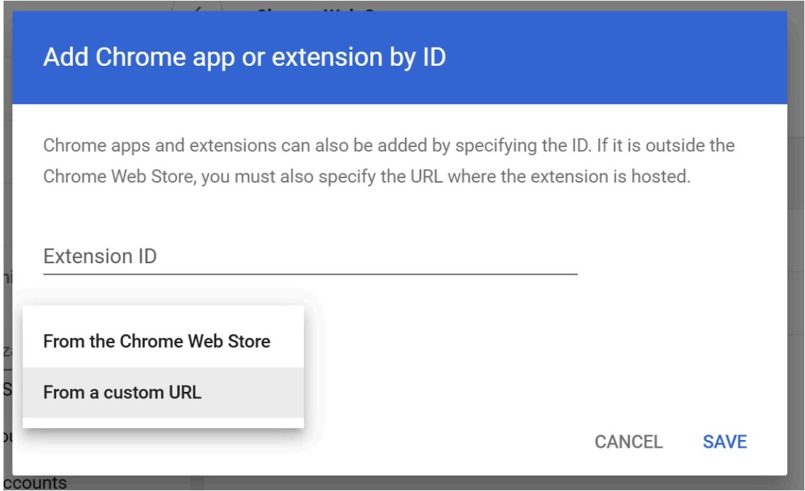 Add Chrome app or extension by ID dialog with Extension ID field
