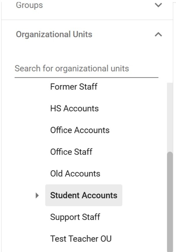 Organizational Units list with Student Accounts visible