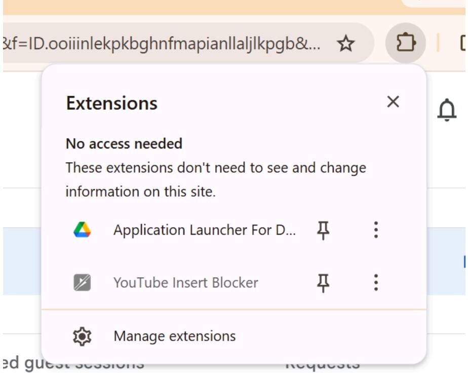 Chrome extensions popup showing installed extensions